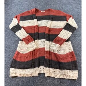 Kate & Sam Women Large Striped Open Front Cardigan Rust Grey Cream Chunky Knit